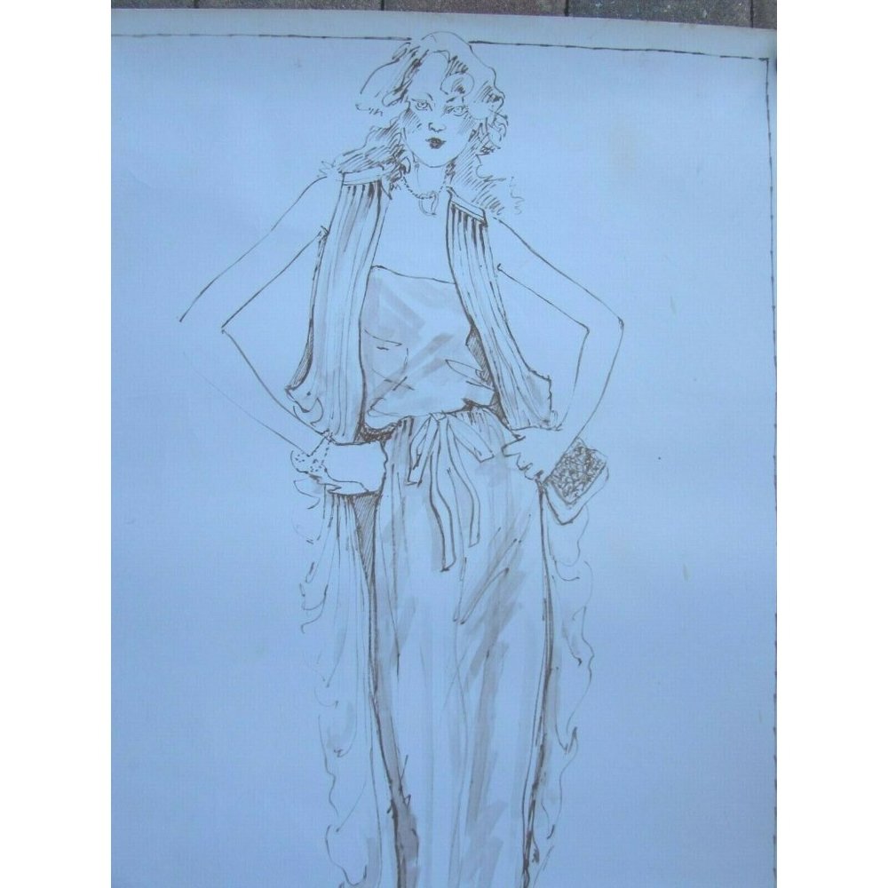 Vintage 1980s Fashion Illustration Poster 47234 Slinky Gown Sepia